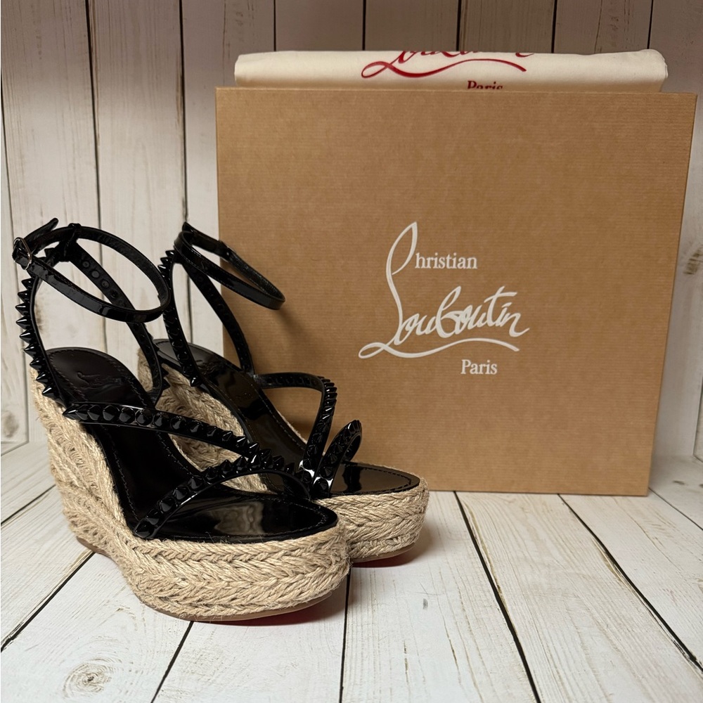 Christian Louboutin Mafaldina Spike Platform Espadrille Wedge Black Sz 36 - Picture 1 of 16